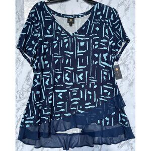 JM Collection Navy & Aqua Geometric Print Top With Sheer Ruffle Hem V-Neck